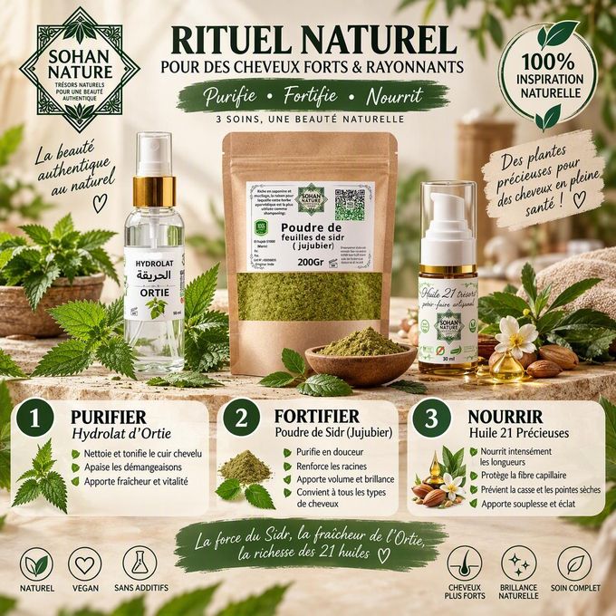Hydrolat d'ortie + poudre de sidr+ 21 huiles